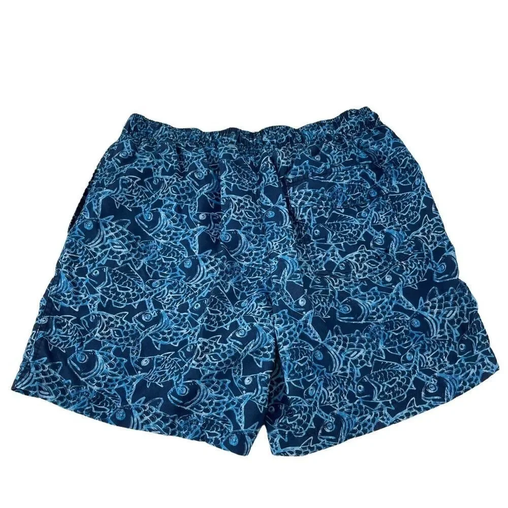 Blue Swim Trunks Mens Size Medium Lined Fish Pattern Beach Wear Ocean Coast Fun